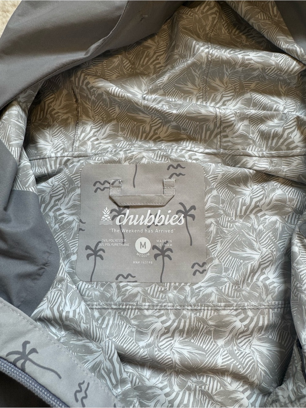 Chubbies palm tree print rain jacket Hooded Light Gray The Surf Signal Medium - Picture 4 of 12
